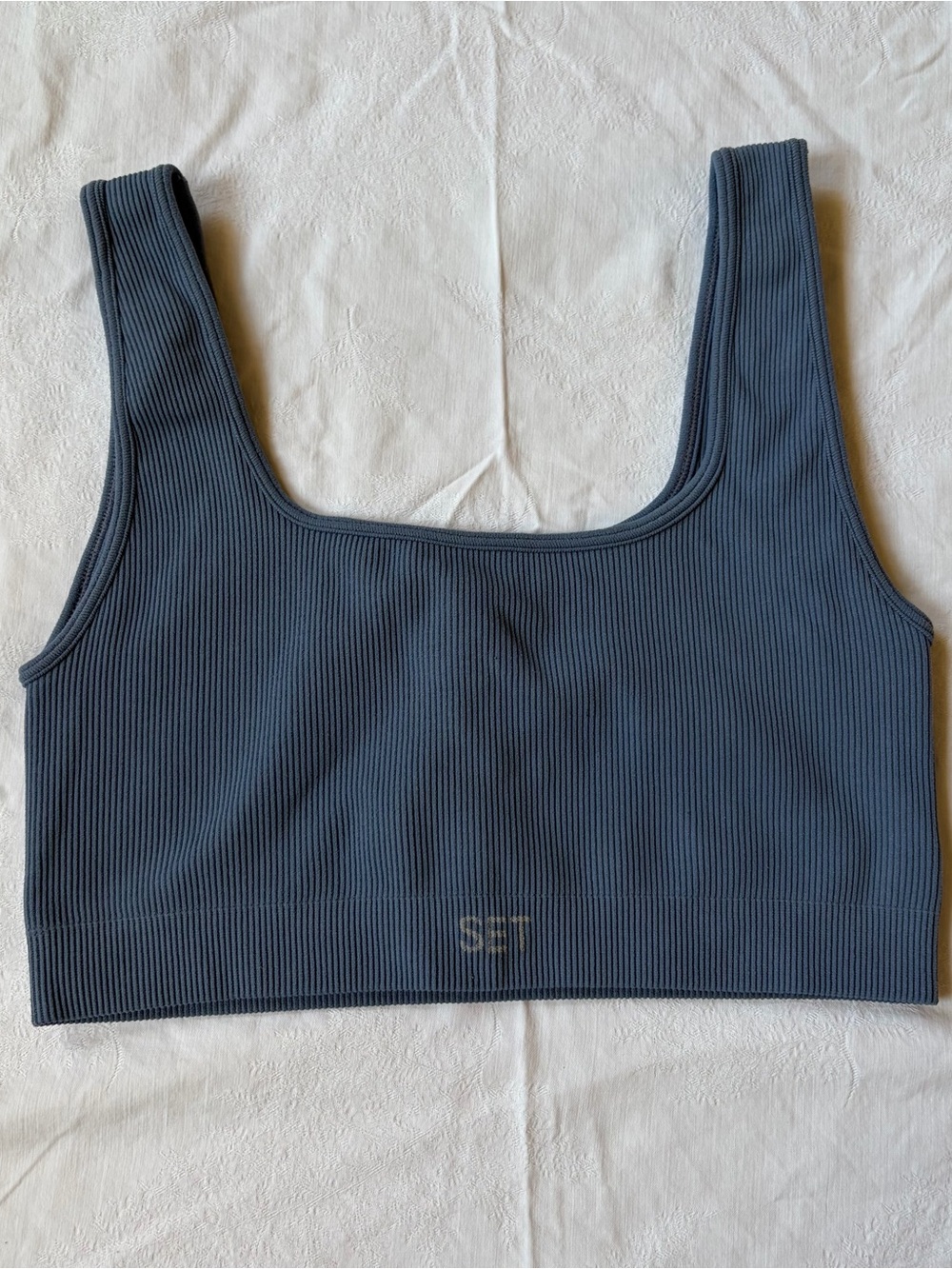 Set Active Ribbed Scoop Neck Bralette Sports Bra in Slate Blue Size M/L